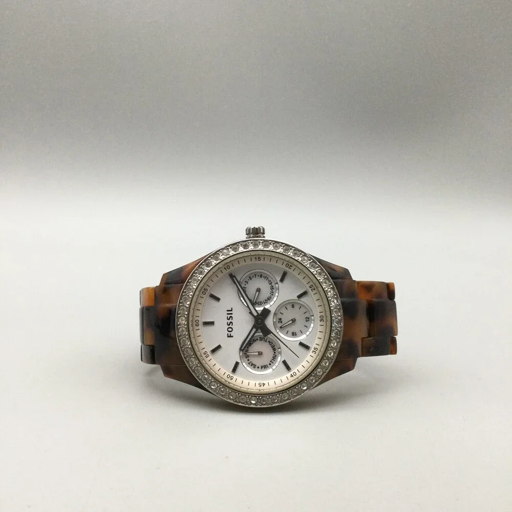 Fossil Stella ES2456 Womens Watch 37mm Faux Tortoise Crystals New Battery 6.75